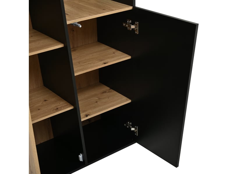  Vitrine haute led noire et bois clair, 2 portes, 7 étagères et verre réglable pour exposer vos objets  - Conforama D