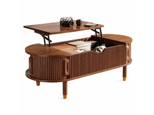 Table basse relevable ovale avec rangement, 2 portes coulissantes, pieds en bois pour salon, noyer 110 × 48 × 57 cm