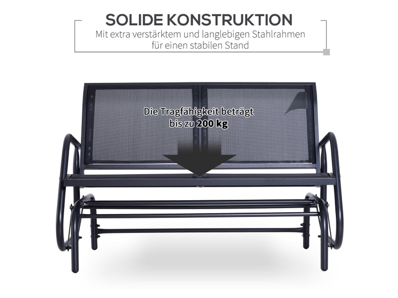  Banc de jardin 120x70x90, banc d'extérieur 2 places à bascule, en métal noir, dossier et assise en tissu mesh respirant  - Conforama E