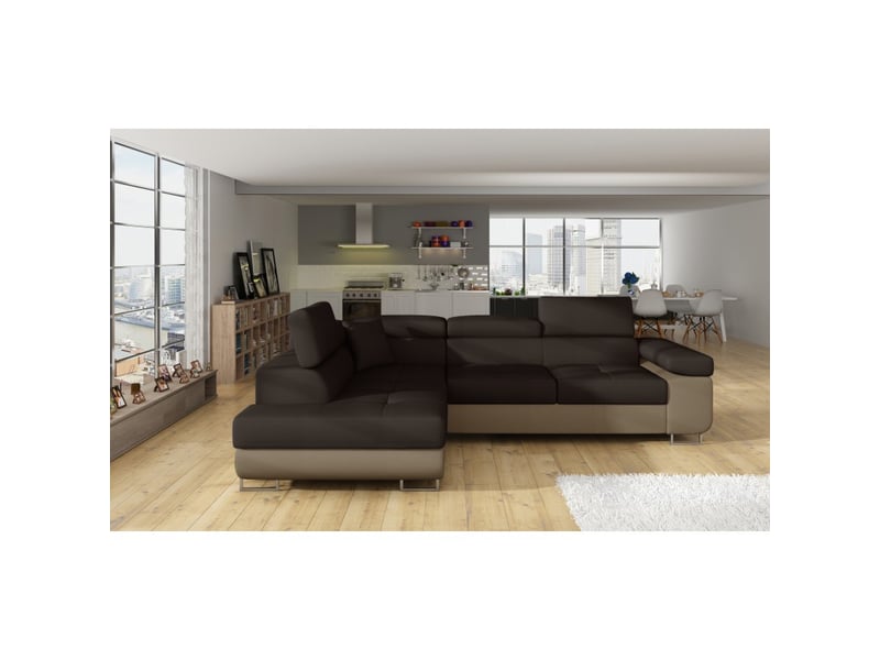Canapé d'angle convertible menton beige et marron bouclette – angle gauche avec coffre - Conforama B