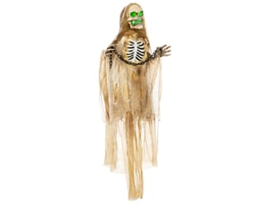 Décoration halloween squelette suspendu khaki, tête lumineuse, hurlement et bras flexibles