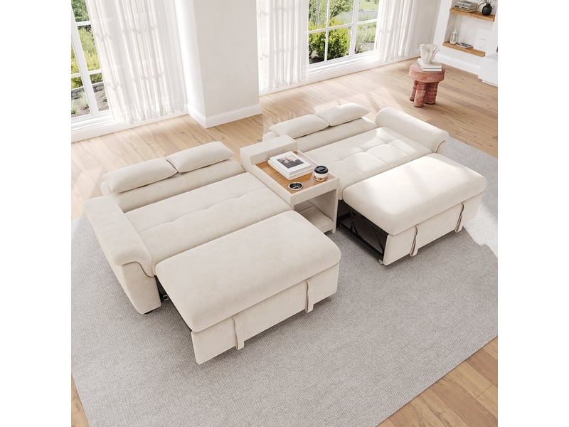  Canapé-lit à double couchage coulissant 284x138x89 cm, dossier réglable, chenille beige  - Conforama D