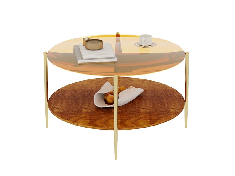  Table basse avec double plateau et rangement ouvert, finition dorée, style moderne, en verre, fer et bois, doré  - Conforama A