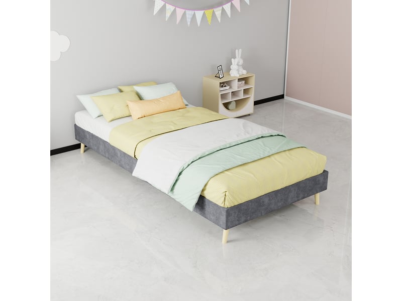  Cadre de lit 90x200 cm gris en velours hollandais - structure solide sans tête de lit  - Conforama E