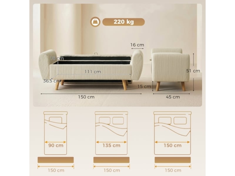  Banc coffre beige rembourré effet côtelé, pieds en bois et accoudoirs roulés, avec rangement  - Conforama C