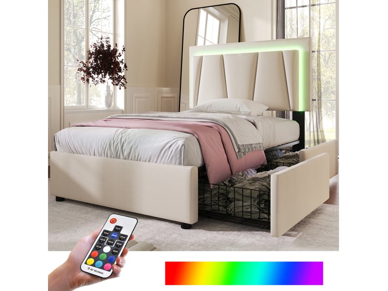  Lit simple 90x200 cm éclairage led et 2 tiroirs en bois beige  - Conforama D