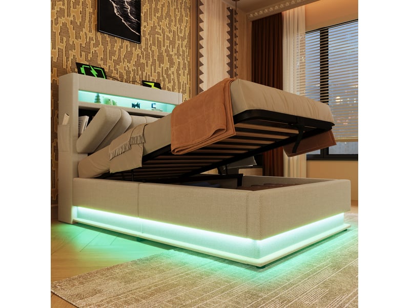  Lit coffre 1 place 90x200 cm avec led et ports usbtype-c, beige, revêtement en lin  - Conforama C
