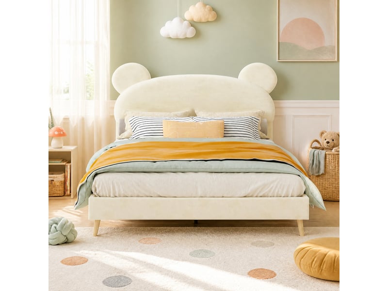  Lit enfant 140x200 cm, tête de lit oreilles d’ours, cadre bas sans rangement, tissu et métal beige sans matelas  - Conforama B