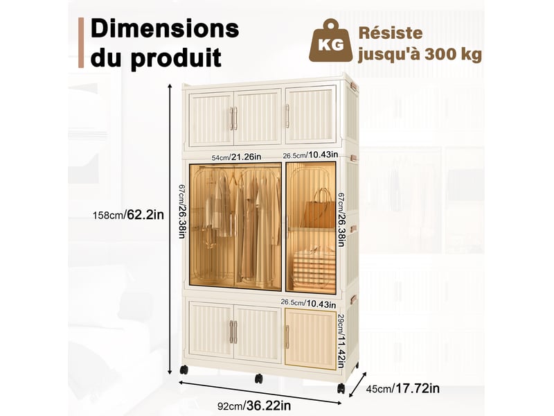  Armoire modulable pliable 92x45x158 cm avec 9 portes magnétiques couleur blanc crème, polypropylène, confort optimal  - Conforama C