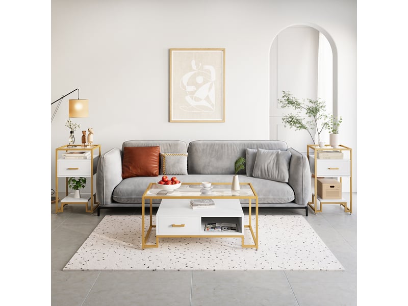  Table basse moderne 3 niveaux, tiroir bois, verre trempé, cadre acier robuste, salon chambre, montage facile, blanc, PHO_0XXNV5U2 - Conforama B