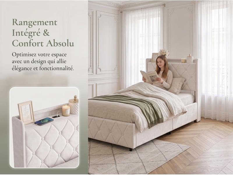 Lit adulte 90 x 200 cm – lit simple – lit coffre – éclairage led – ports usb et type‑c – sommier à lattes – velours beige - Conforama D