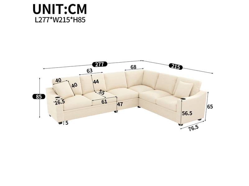 Canapé d’angle modulaire 277 x 215 x 85 cm, 6 places, usb type-c, 2 porte-gobelets, 2 coussins, velours côtelé beige - Conforama C