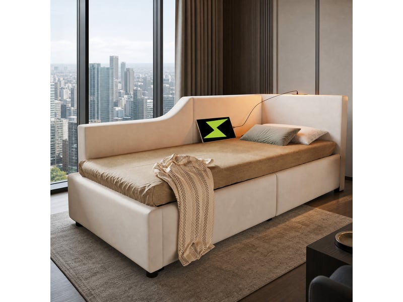 Lit banquette coffre hydraulique 90x200 cm en velours beige avec lampe et usb-c - Conforama C