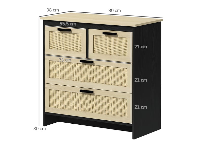  Commode à 4 tiroirs en aggloméré et rotin pour salon et chambre, 80 x 38 x 80 cm  - Conforama E