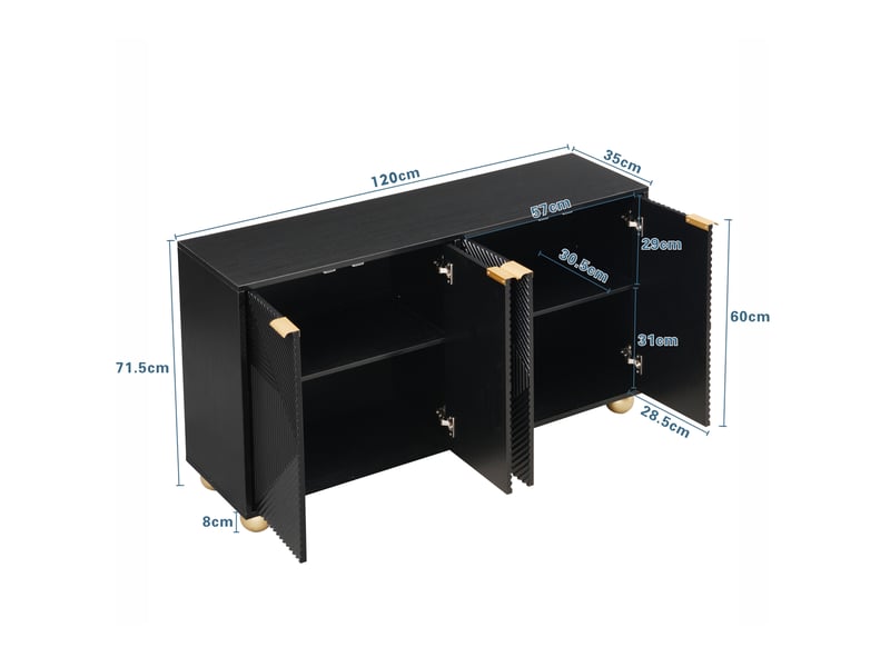  Buffet 120x35x71,5 cm, 4 portes, pieds boule, poignées en métal, style rétro, rangement cuisine et salon, mdf, noir  - Conforama C