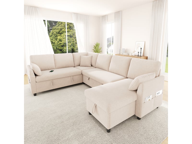  Canapé d'angle en l ou en u – 6 places – avec coffre de rangement – ​​avec ports usbtype-c – avec 3 coussins – beige  - Conforama E