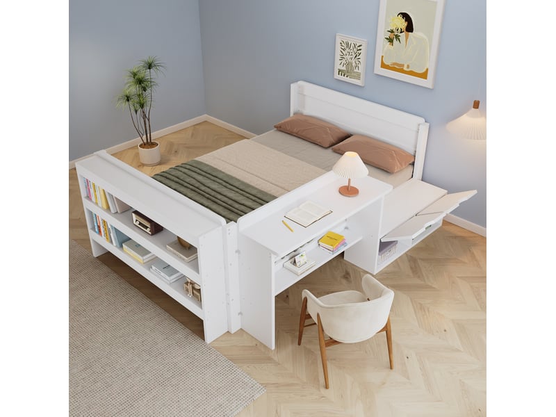 Lit simple 120x200 cm avec bureau et rangements, blanc, sans matelas - Conforama B