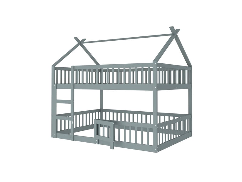  Lit superpose cabane 140x200, structure bois massif lit superposé enfant, garde-corps haut sécurité, escalier intégré, gain d'espace, couleur grise  - Conforama D