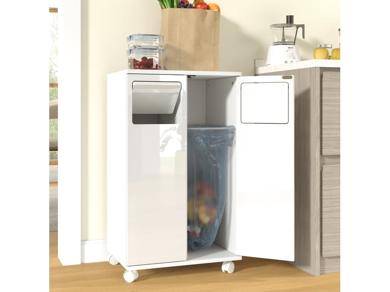 Meuble de tri des déchets 2 portes sur roulettes 46,7x35x80 cm blanc brillant - Conforama B