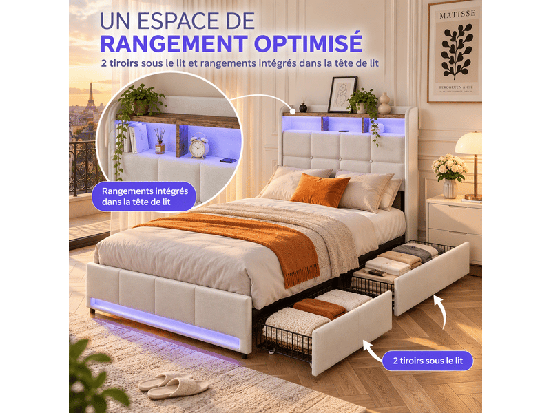  Lit 1 personne 90x200 cm avec éclairage led et 2 tiroirs, lit rembourré avec port usb et type-c, cadre de lit avec rangement et sommier à lattes, lin, beige  - Conforama D