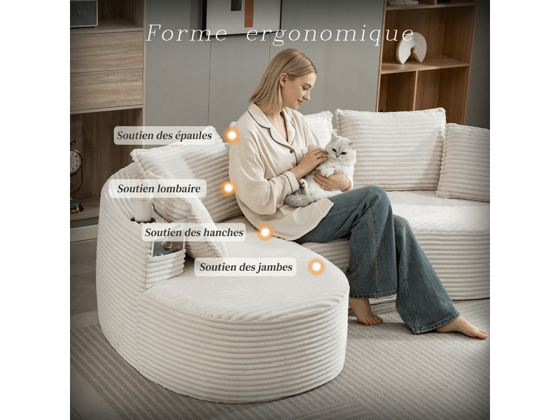  Canapé incurvé en velours côtelé avec porte-gobelets 250x152x82 cm - coussins et poches latérales  - Conforama R