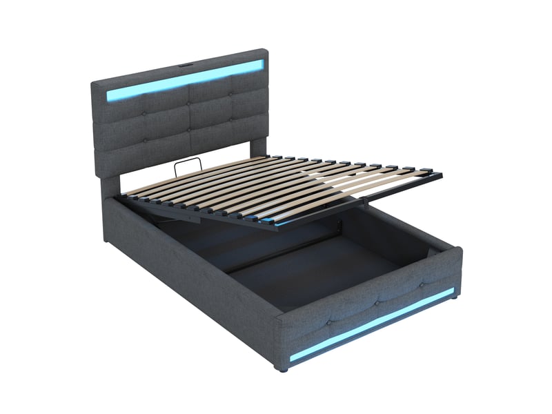  Lit enfant 90x200 led rgb usb tête réglable rangement design moderne commande application tissu gris sans matelas  - Conforama E