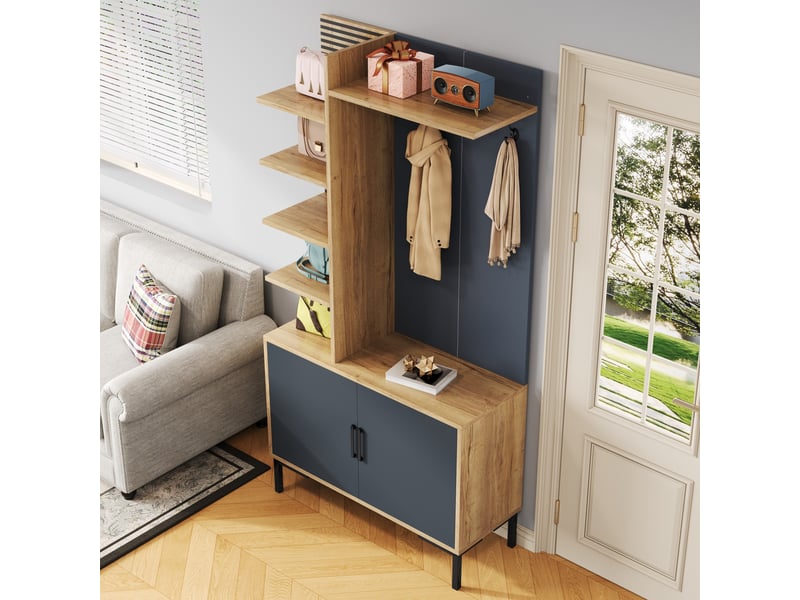  Meubles d'entrée avec 4 étagères latérales, étagère réglable et crochets, en panneaux de particules, 100 × 40 × 190.5 cm  - Conforama C