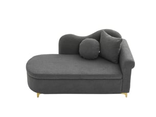 Méridienne avec coffre de rangement, coussins lombaire et nuque, dossier ondulé, tissu effet mouton gris antique