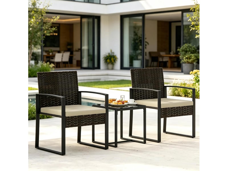 Salon de jardin bistro 2 places avec table carrée, 2 fauteuils et coussins, noir et kaki - Conforama B