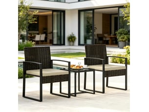 Salon de jardin bistro 2 places avec table carrée, 2 fauteuils et coussins, noir et kaki