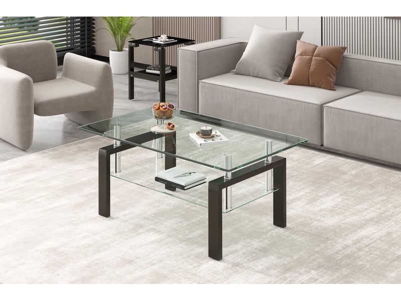 Table basse de salon en verre trempé transparent avec étagère en verre, 2 plateaux, 100 x 60 x 44 cm Fay Lum - Conforama B