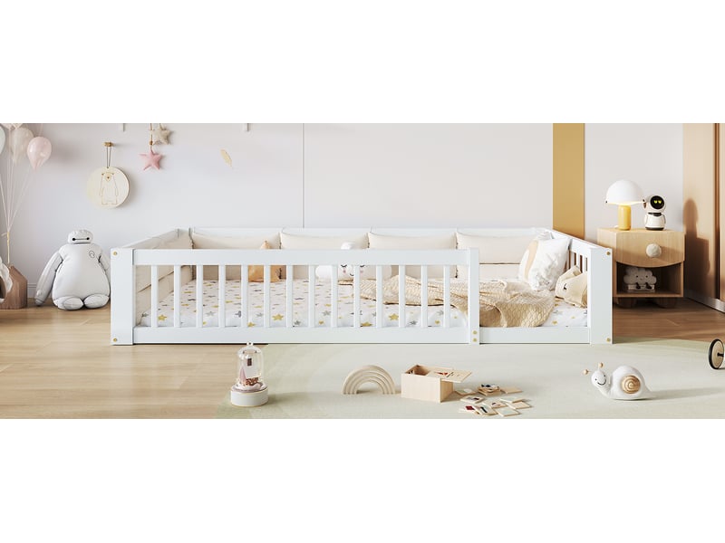  Lit enfant 90x200 cm avec barrière de sécurité et coussin, en bois, blanc  - Conforama D