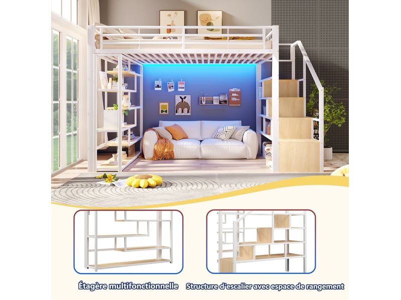 Lit surélevé enfant 140x200 cm, led multicolore, escalier rangements,  garde-corps métal mdf blanc sans matelas  - Conforama E
