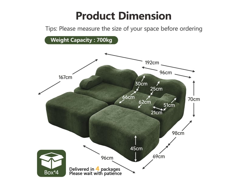  Canapé modulaire avec ottomans, assise profonde et soutien ergonomique en velours vert  - Conforama E