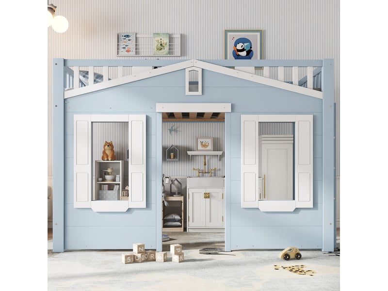  Lit mezzanine enfant 90x200 cm bleu et blanc avec échelle réversible  - Conforama C