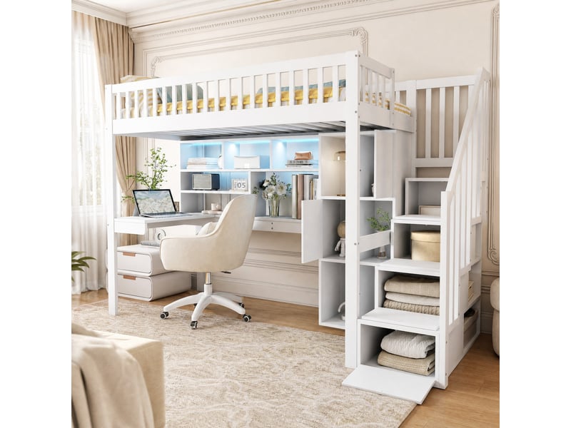  Lit mezzanine enfant simple 90×200 cm avec led, échelle de rangement et bureau  - sans matelas, pin mdf blanc  - Conforama B