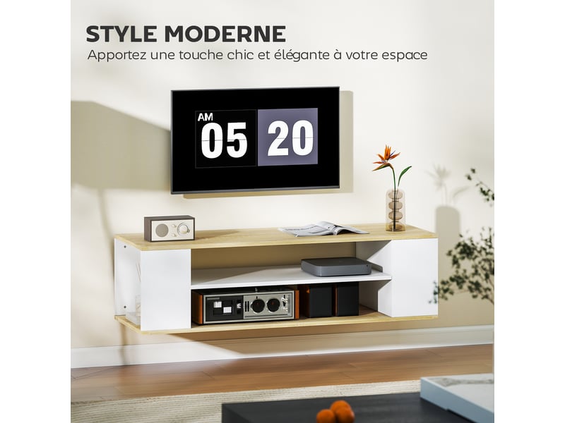  Meuble tv avec roulettes 120 cm, meuble télé pour téléviseur jusqu'à 55 pouces, blanc et naturel, 2 étagères ouvertes  - Conforama A