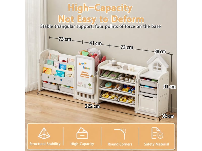 Meuble de rangement pour jouets d'enfants avec 10 caisses amovibles, 222 x 32 x 91 cm, beige - Conforama C
