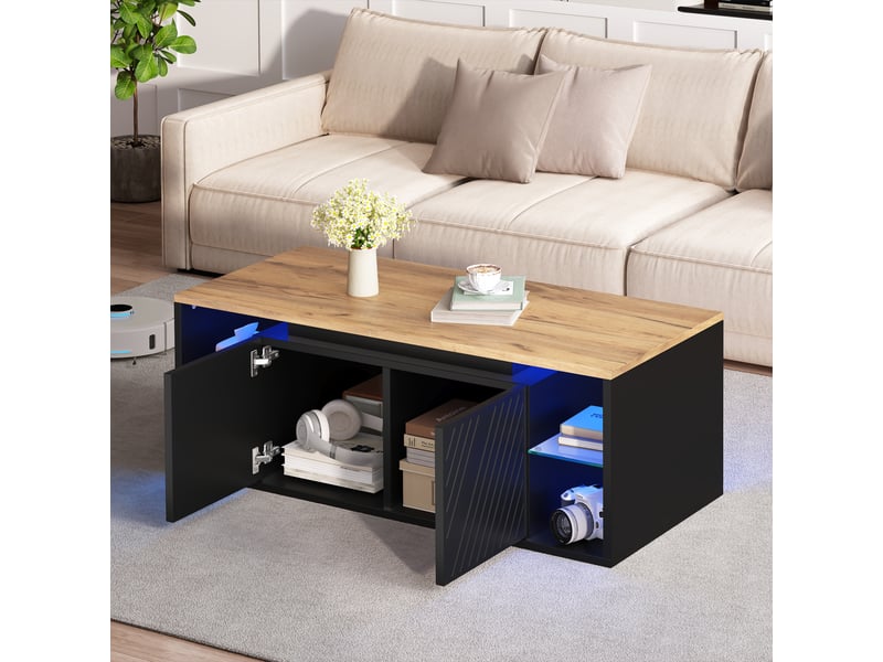  Table basse de salon rectangulaire 100x50x41 cm avec rangement, portes et led intégrée, design moderne en panneaux de particules - noir et bois  - Conforama E