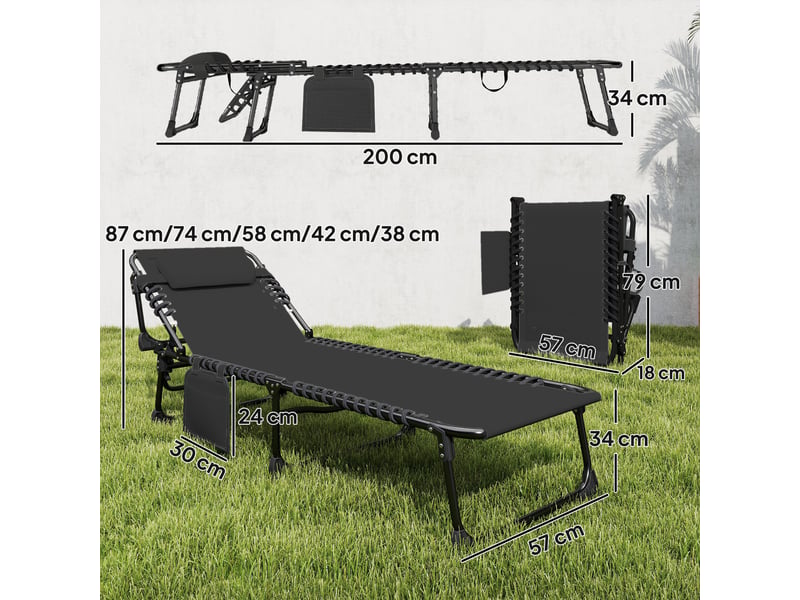  Ensemble de 2 chaises longues de jardin pliantes et inclinables à 5 positions avec coussins, 57 x 200 x 38 cm, noires  - Conforama D