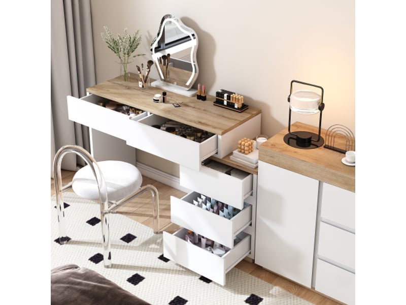  Coiffeuse+commode 125x38.9x76cm, 5 tiroirs, rangement, meuble chambre, panneau de particules blanc+naturel  - Conforama D