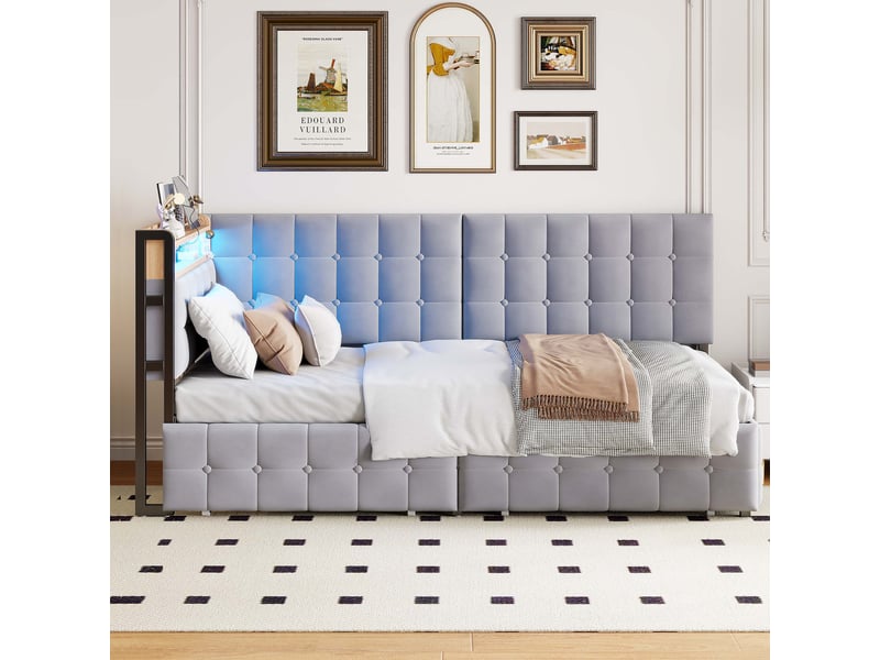 Lit enfant rembourré 90 x 200 cm avec 2 tiroirs, led, usb et usb-c, gris Fay Lum - Conforama D