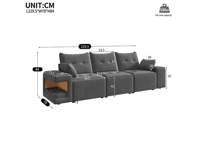  Canapé modulaire 3 places 229,5 x 78 cm – gris – velours, rangements intégrés et niches  - Conforama C