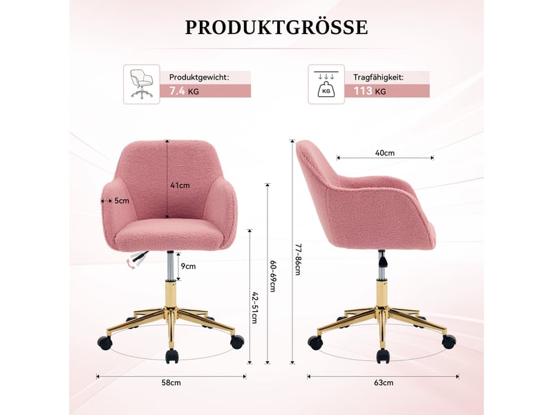  Chaise de bureau 58x63x86cm - hauteur réglable, pivotant 360° et roulettes universelles ,base dorée - peluche - rose  - Conforama C