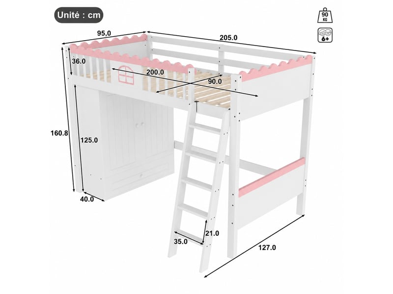  Lit mezzanine enfant 90x200 cm avec armoire, tiroir et led, structure en pin et mdf, blanc avec détails roses  - Conforama C