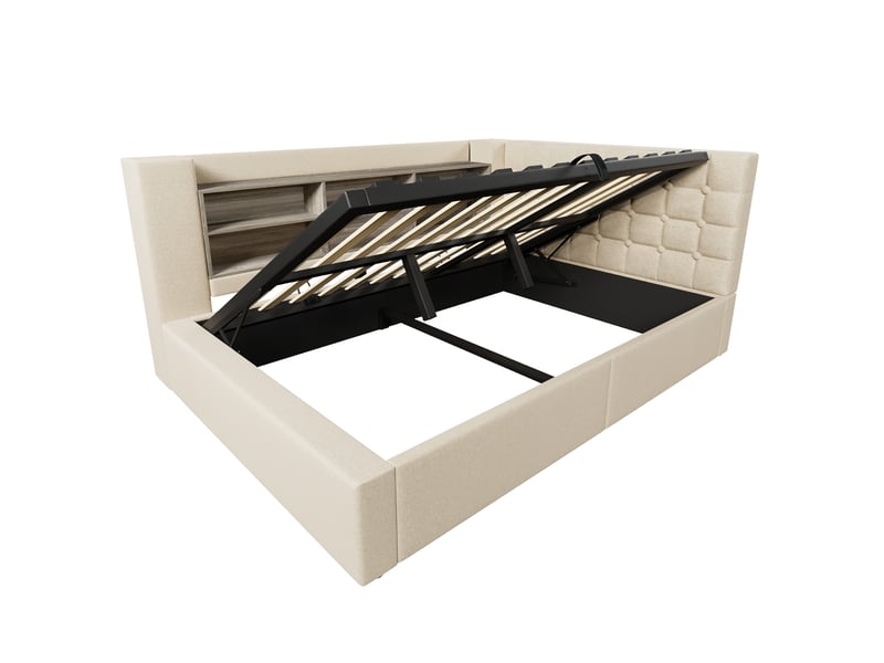  Lit 140x190 cm avec coffre hydraulique, tête en l réversible, rangements et led intégrés, lin beige, sans matelas  - Conforama E