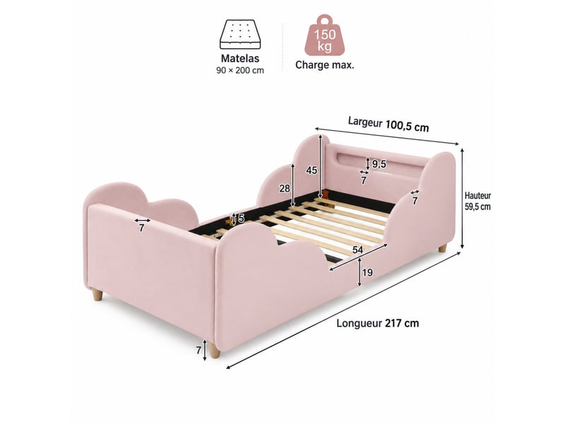  Lit enfant capitonné 90x200 cm rose en velours, barrières de sécurité et pieds en bois massif, sans matelas  - Conforama C