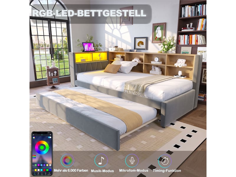  Lit banquette 90 x 200 cm avec lit gigogne 90 x 190 cm, canapé-lit multifonction, led, prises et rangements, gris foncé evarich - Conforama D