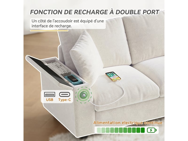  Canapé d'angle en chenille beige 4 places avec rangement - table basse rabattable et ports usbtype-c  - Conforama D