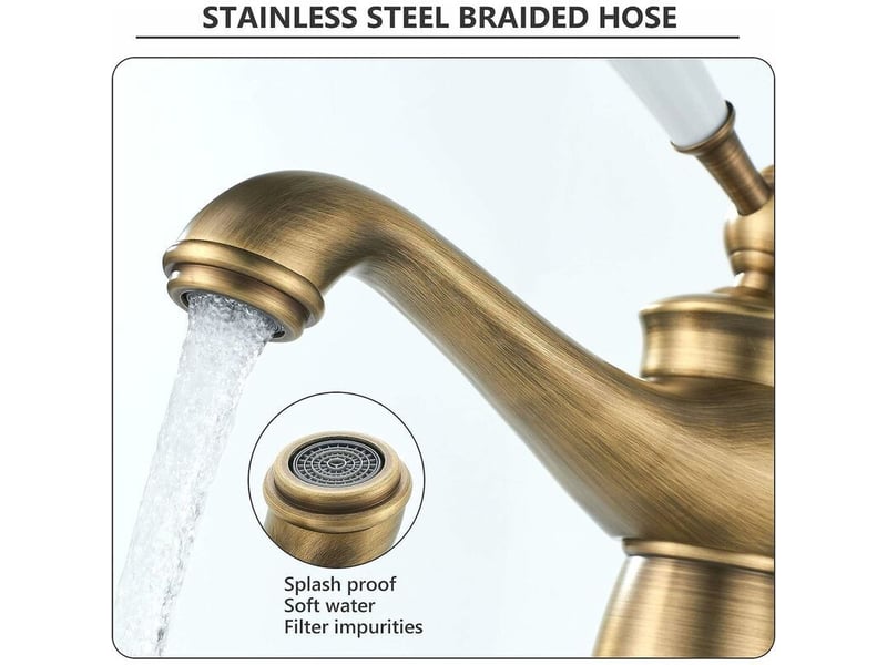  Robinet de lavabo vintage en laiton brossé – poignée en céramique à motif floral – eau chaude et froide – installation facile XJD000491MXR - Conforama C